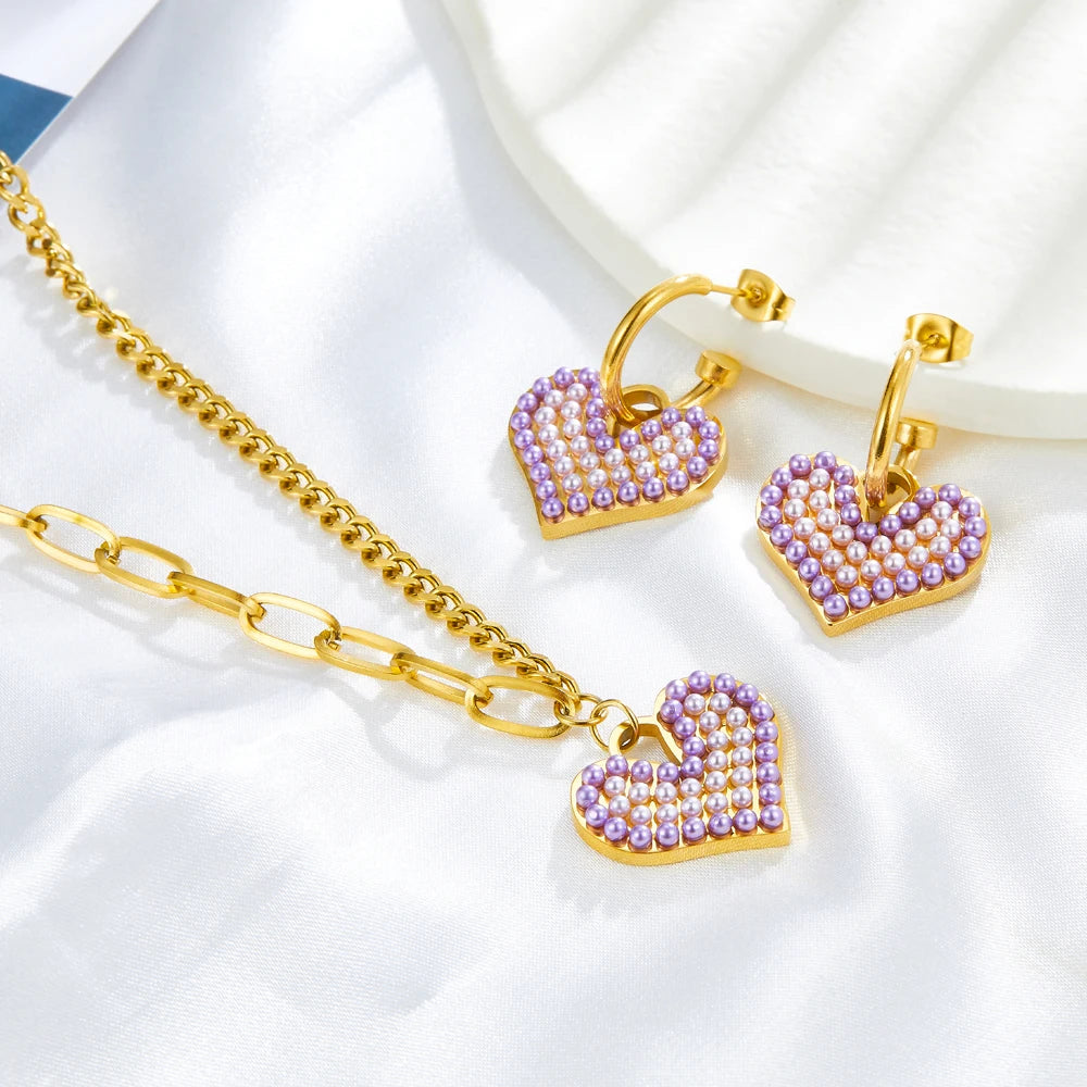 Luxe Stalen Sieradenset Voor Vrouwen met Hart Hanger en Parels