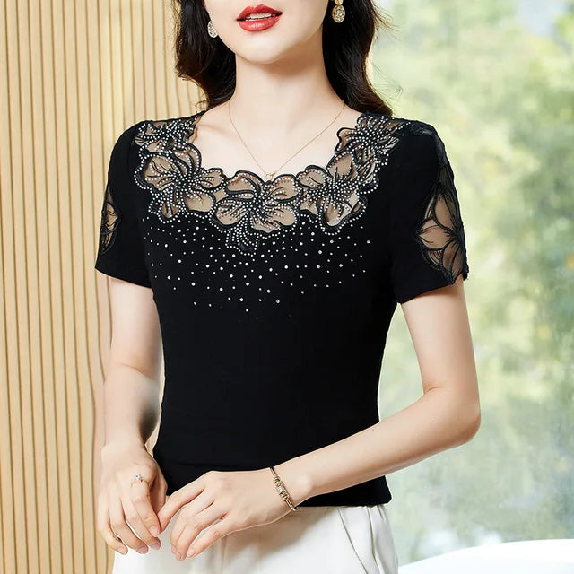 T-shirt estiva da donna a manica corta con scollo a O, elegante, aderente, traforata in rete drill. Bluse.