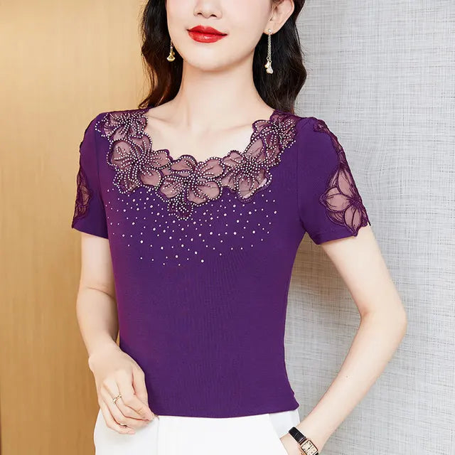 Zomerse Korte Mouw O-hals Dames T-shirt met Elegant Slim Gehollowd Drill Mesh Tops Blusas.