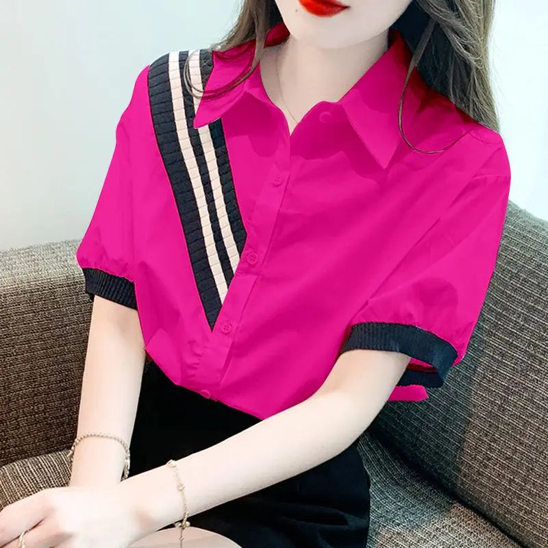 La moda di Luna si adatta alla camicia con colletto risvoltato a contrasto di colore per donne!