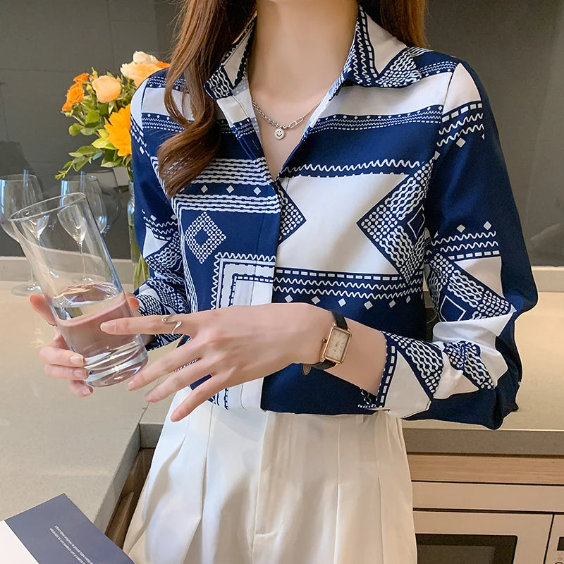 Elegant Printed Blouse for Spring and Autumn