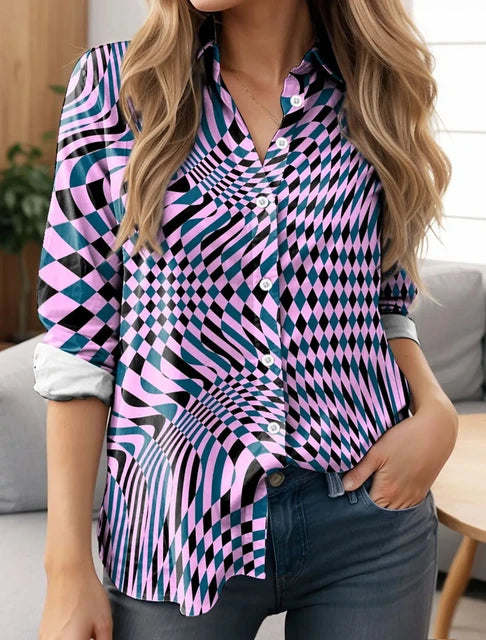 Fashionable 3D Checked Long Sleeve Top for Women