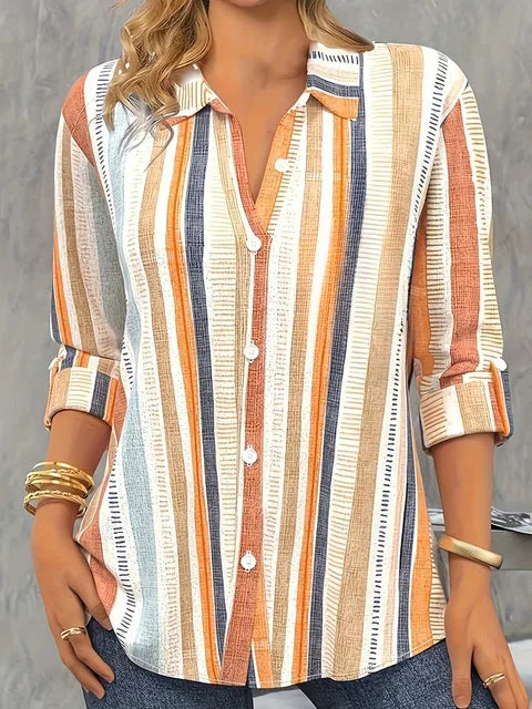 Orange Striped Blouse with Print and Long Sleeves