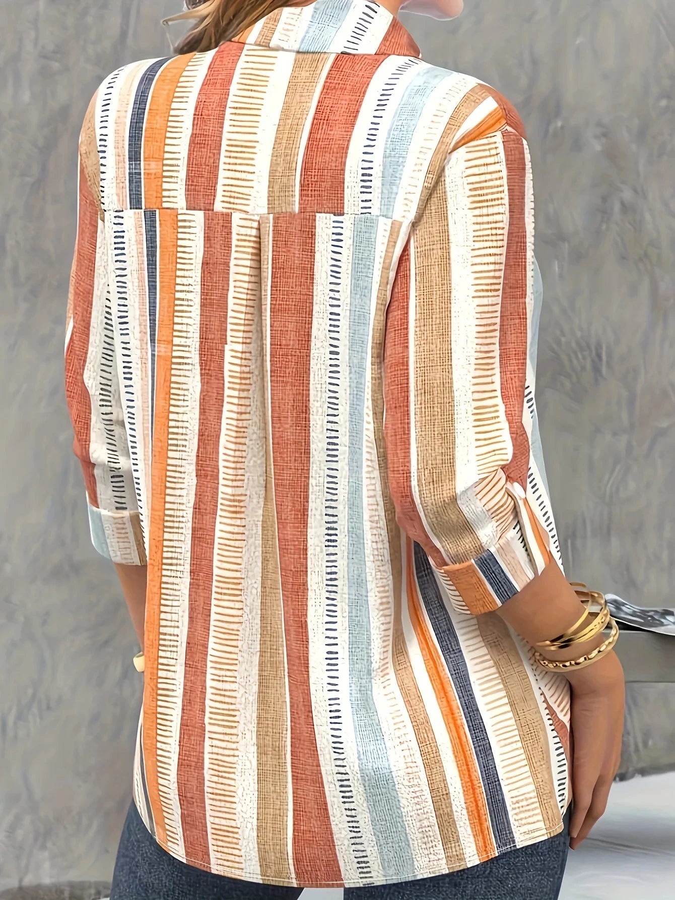 Orange Striped Blouse with Print and Long Sleeves