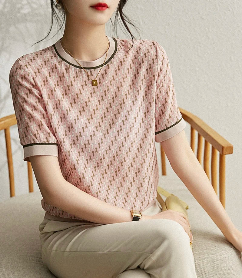Seiden geometrisch bedrucktes Sommer T-Shirt