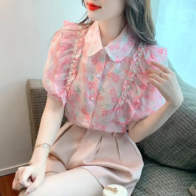Fashionable Spring Blouse with Ruffles and Beads