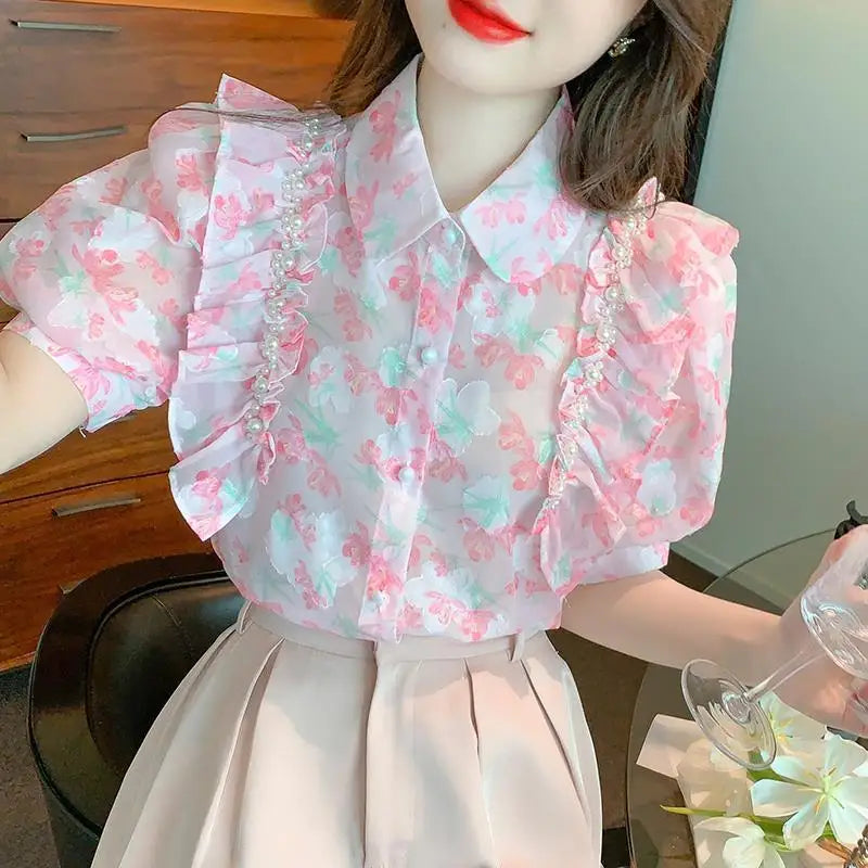 Fashionable Spring Blouse with Ruffles and Beads