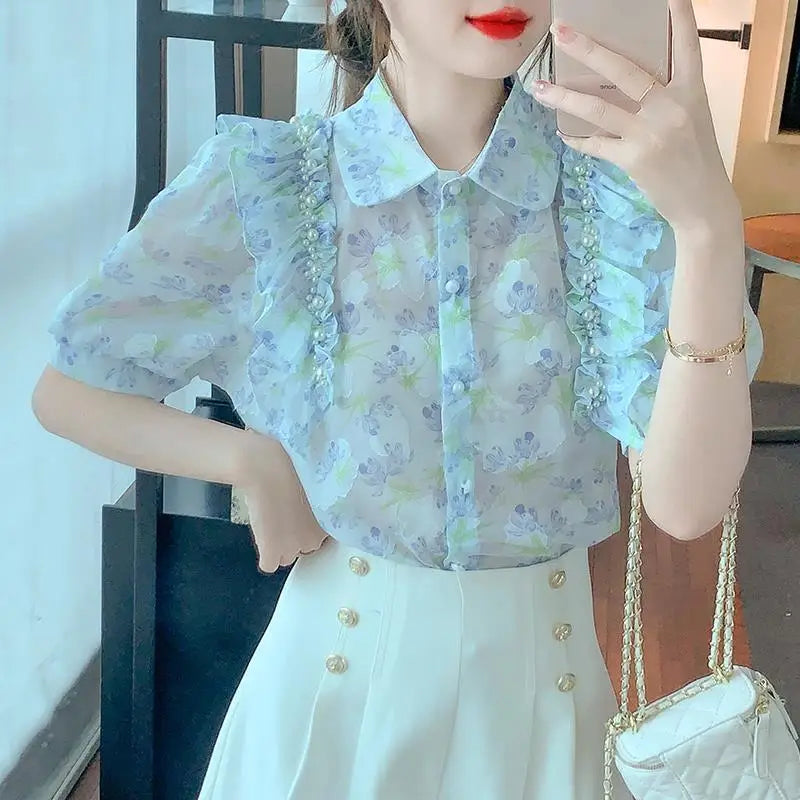 Fashionable Spring Blouse with Ruffles and Beads