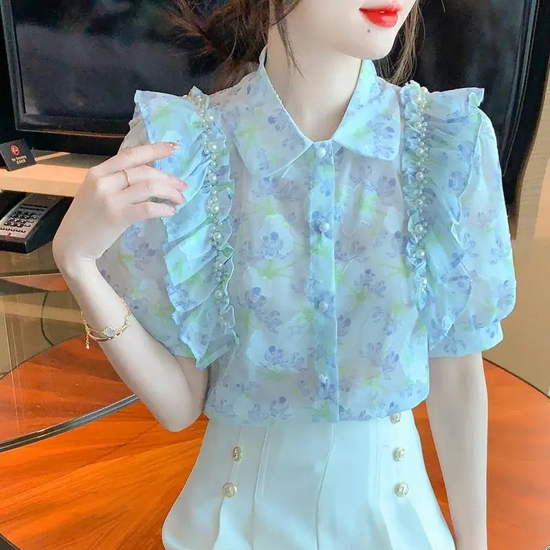Fashionable Spring Blouse with Ruffles and Beads