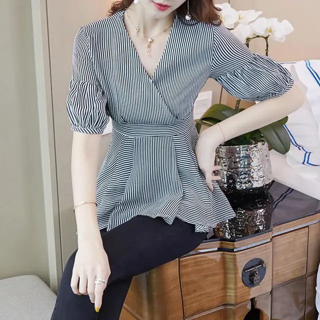 Zephyr Elegante Bluse a Maniche a Lanterna da Donna a Righe con Ruches