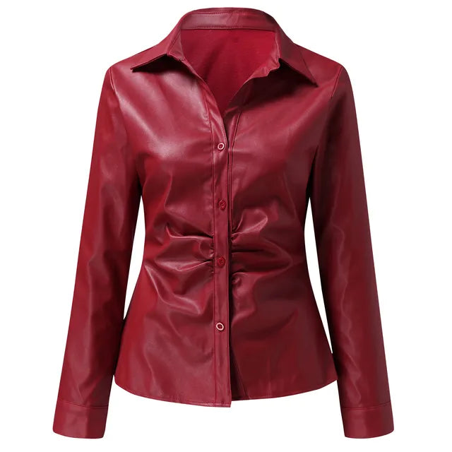 Fashionable Leather Blouse with Long Sleeves