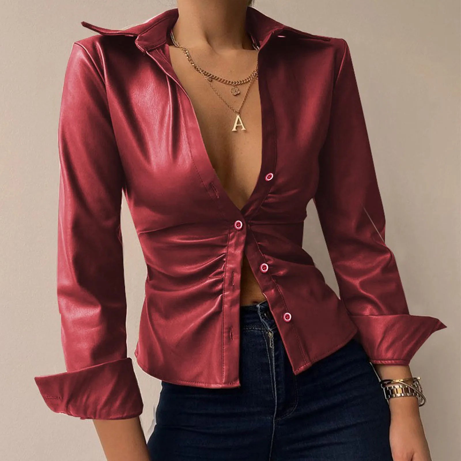 Fashionable Leather Blouse with Long Sleeves