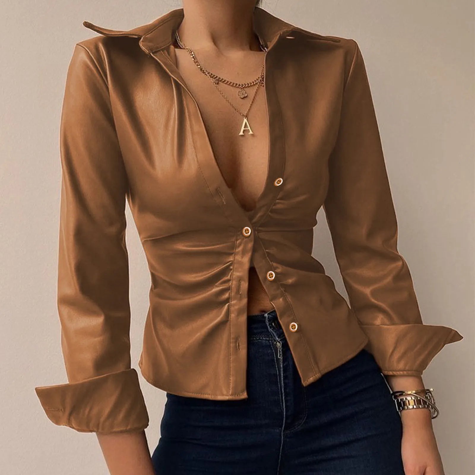 Fashionable Leather Blouse with Long Sleeves