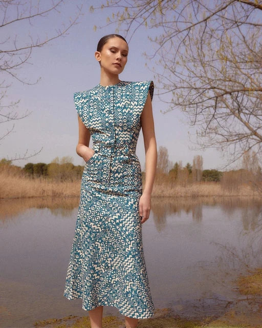 Stilvolles Mode O-Ausschnitt Bedrucktes Langes Kleid