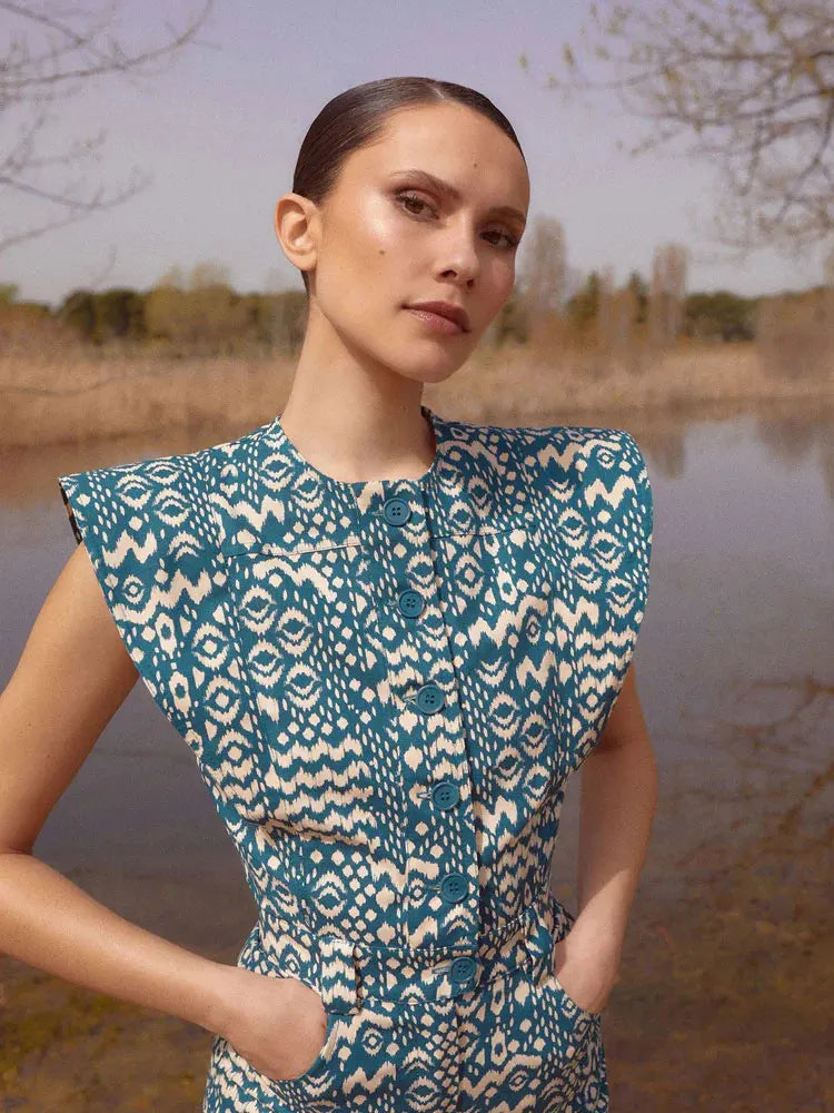 Stilvolles Mode O-Ausschnitt Bedrucktes Langes Kleid