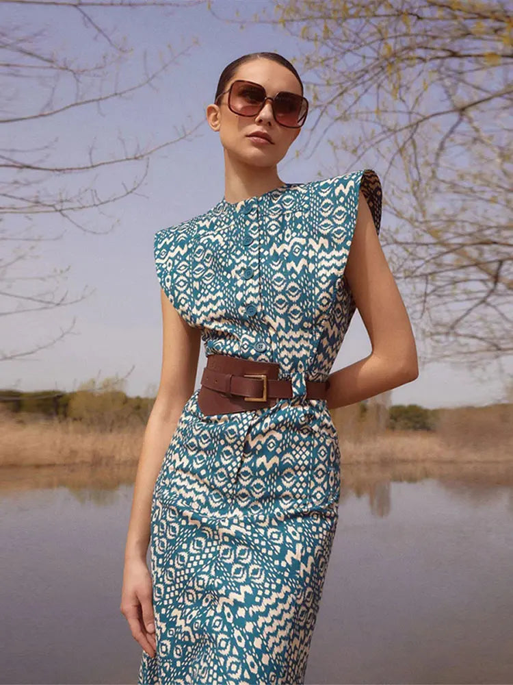 Stilvolles Mode O-Ausschnitt Bedrucktes Langes Kleid
