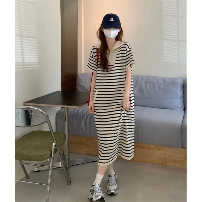 Gestreepte Casual Midi Jurk Met Rits