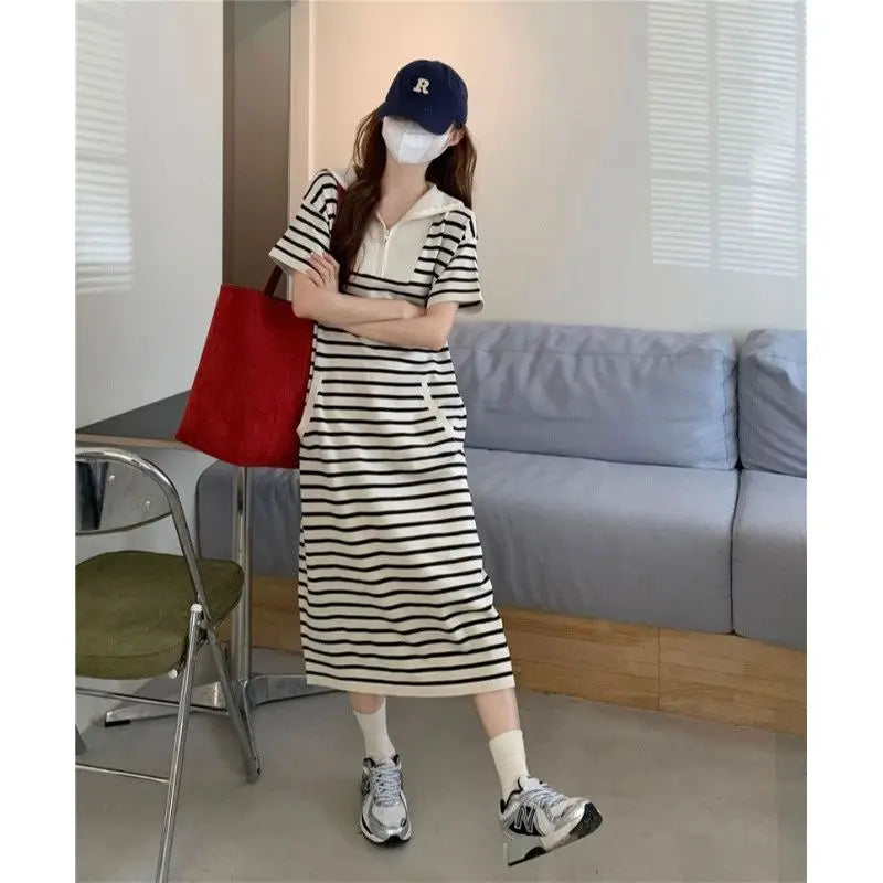 Gestreepte Casual Midi Jurk Met Rits