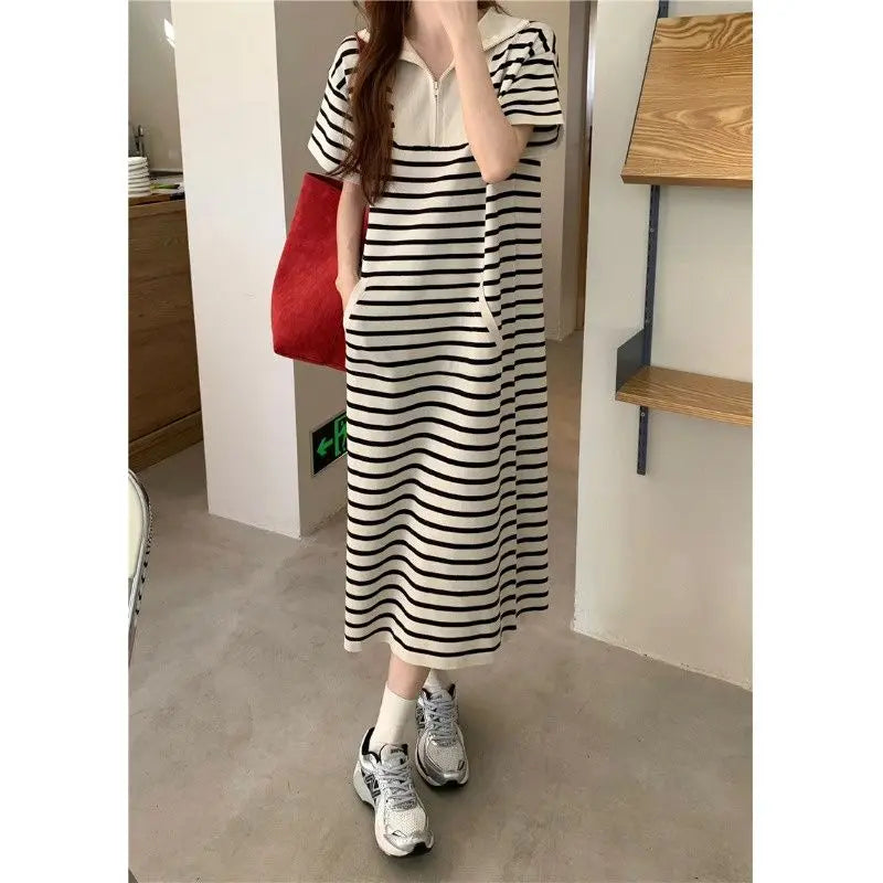 Gestreepte Casual Midi Jurk Met Rits