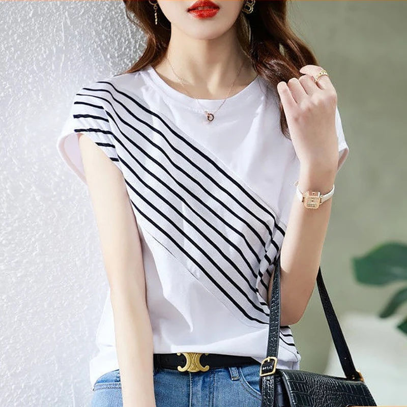 Camicia a righe con maniche a pipistrello divise stampata estiva - Camicia coreana larga