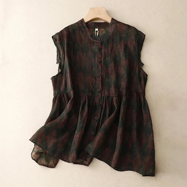 Weibliche Vintage Blumenmuster Leinen Bluse