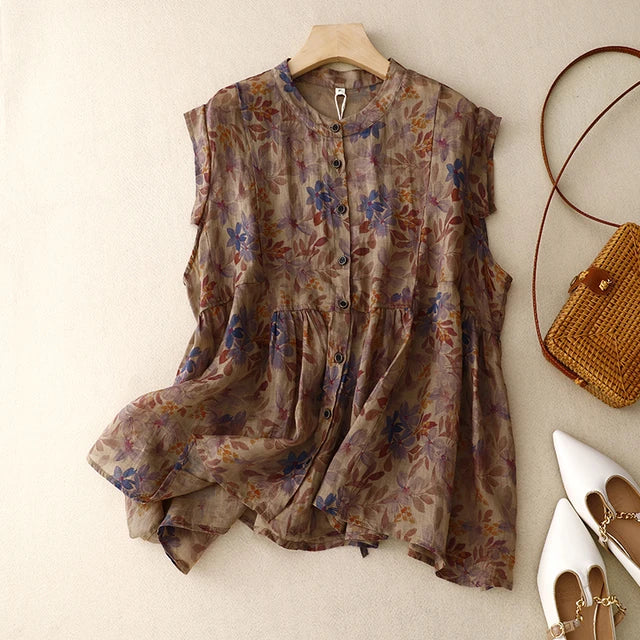 Weibliche Vintage Blumenmuster Leinen Bluse