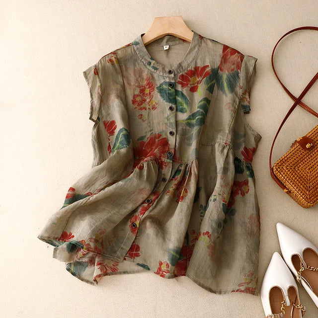 Weibliche Vintage Blumenmuster Leinen Bluse