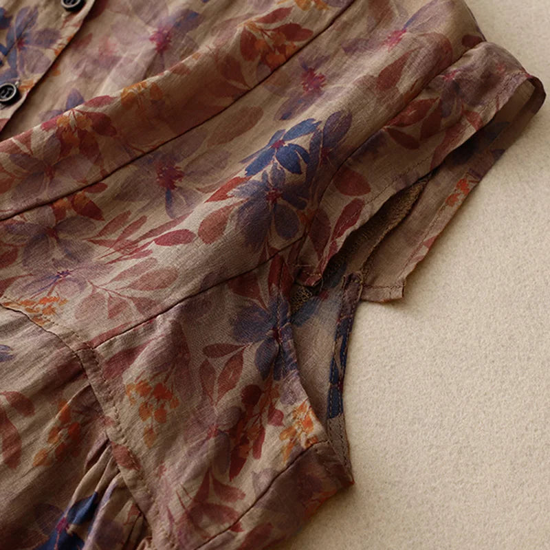 Weibliche Vintage Blumenmuster Leinen Bluse