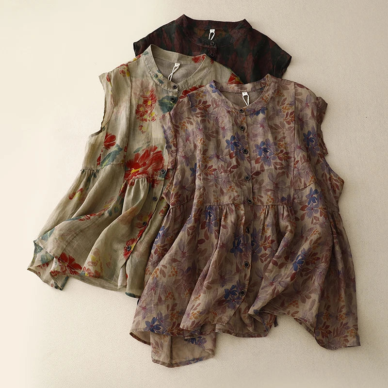 Weibliche Vintage Blumenmuster Leinen Bluse