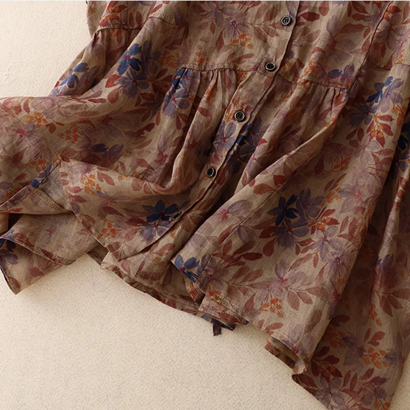 Weibliche Vintage Blumenmuster Leinen Bluse