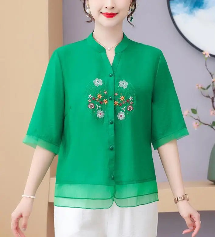 FloraFashion Blusa Vintage Estiva con Scollo a V