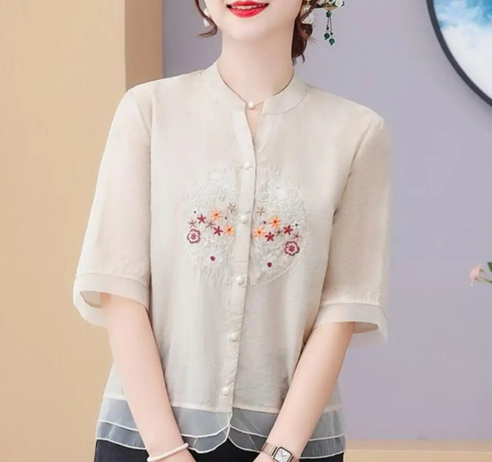FloraFashion Blusa Vintage Estiva con Scollo a V