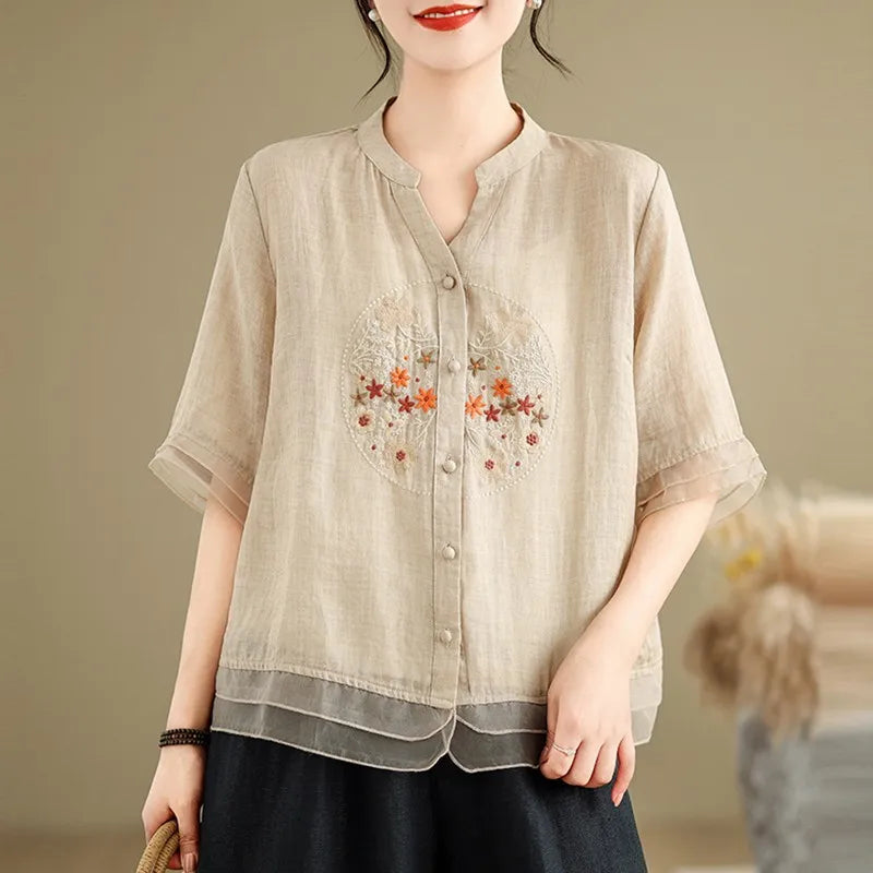 FloraFashion Zomerse Vintage V-Hals Blouse