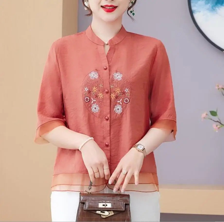 FloraFashion Blusa Vintage Estiva con Scollo a V