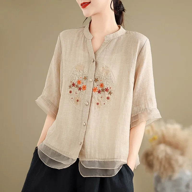 FloraFashion Zomerse Vintage V-Hals Blouse
