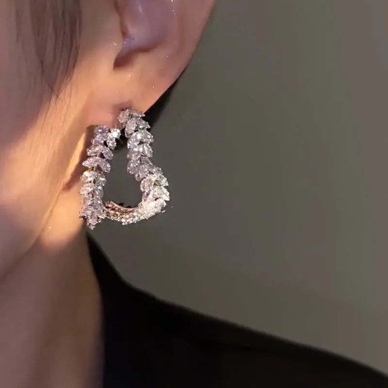 Enchanting Zircon Flower Stud Earrings with Crystal Leaves