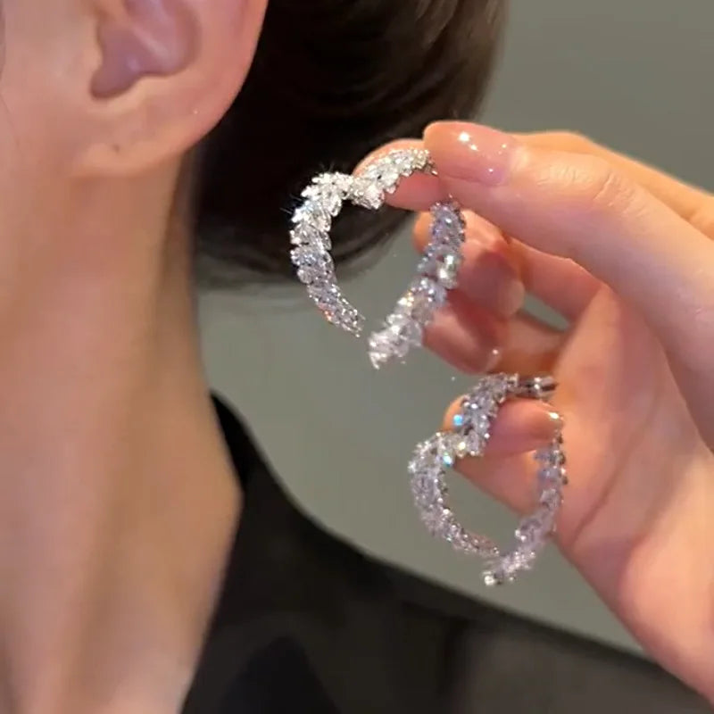 Enchanting Zircon Flower Stud Earrings with Crystal Leaves
