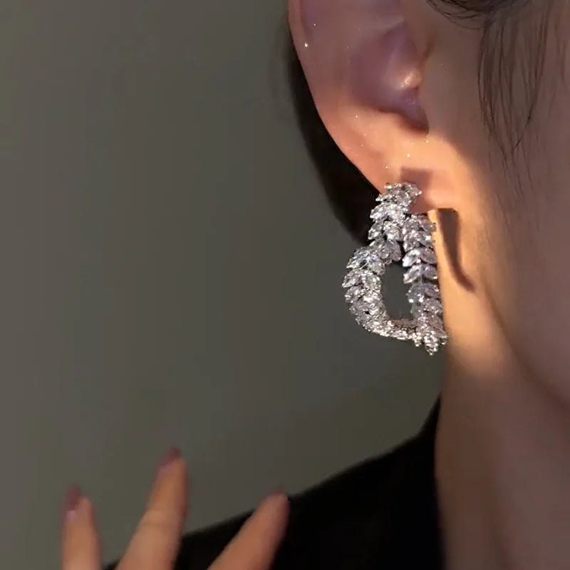 Enchanting Zircon Flower Stud Earrings with Crystal Leaves