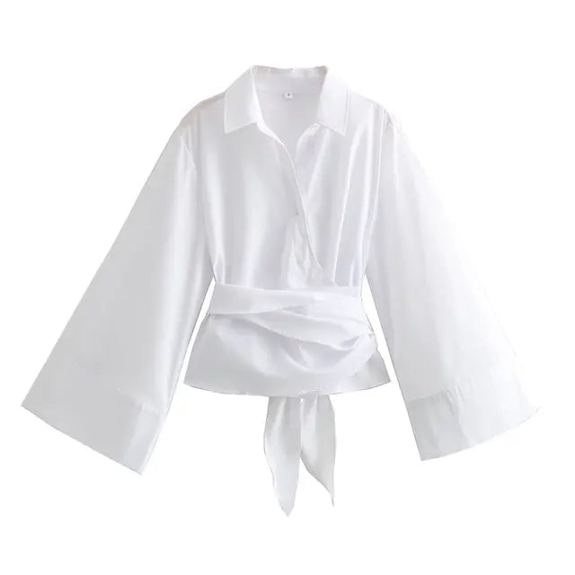 ModaChic Long Sleeve Blouse with Tie Belt