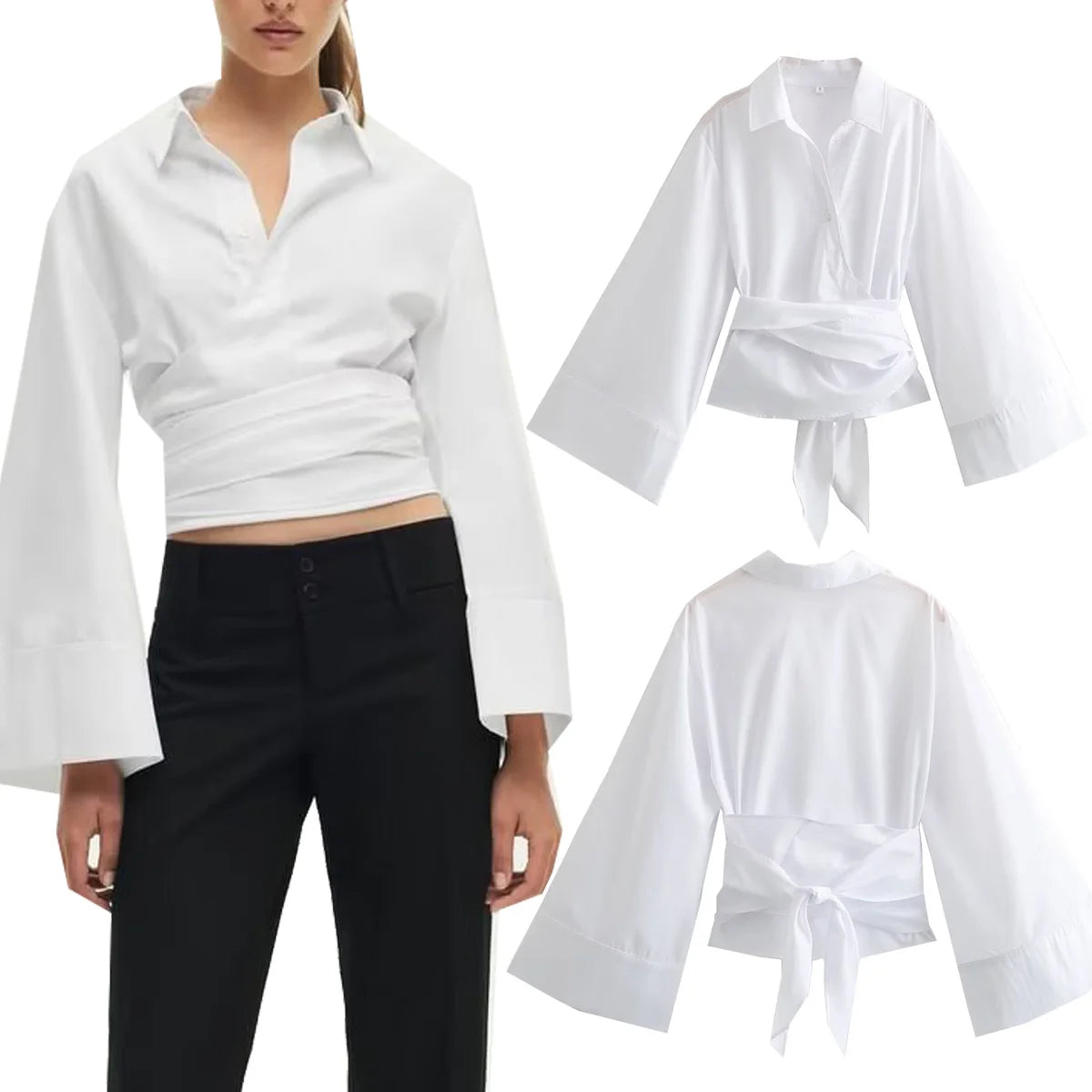 ModaChic Bluse mit langen Ärmeln und Bindegürtel