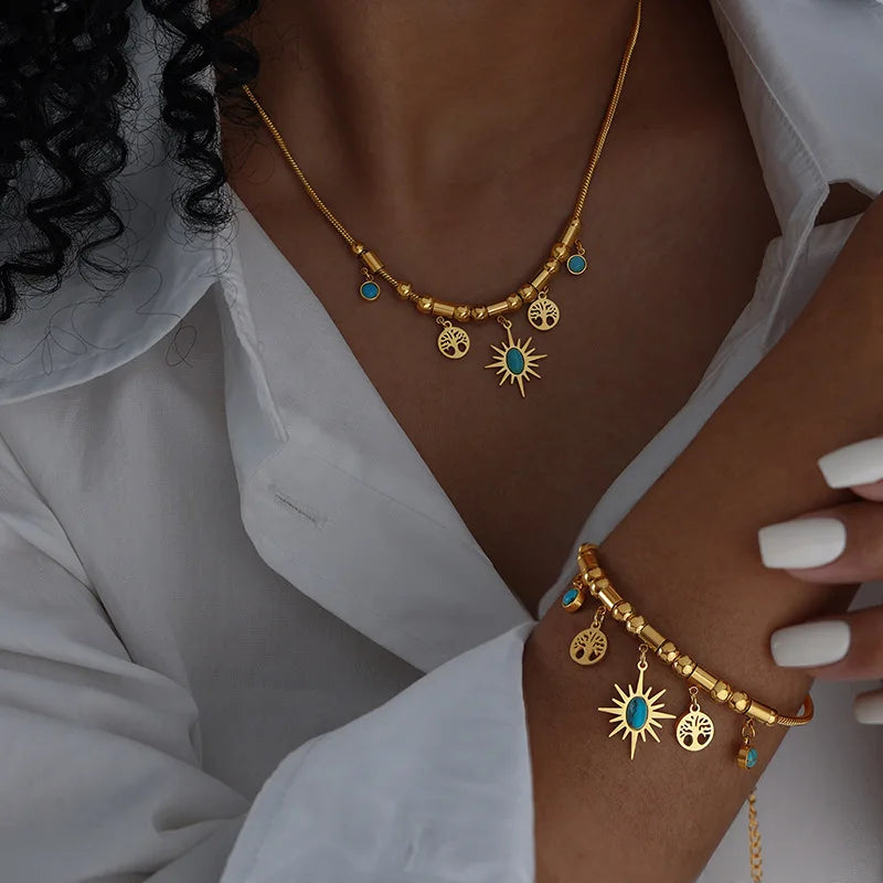 Enchanting Bohemian Treasure: New Vintage Colorful Pendant Necklace Bracelet Set