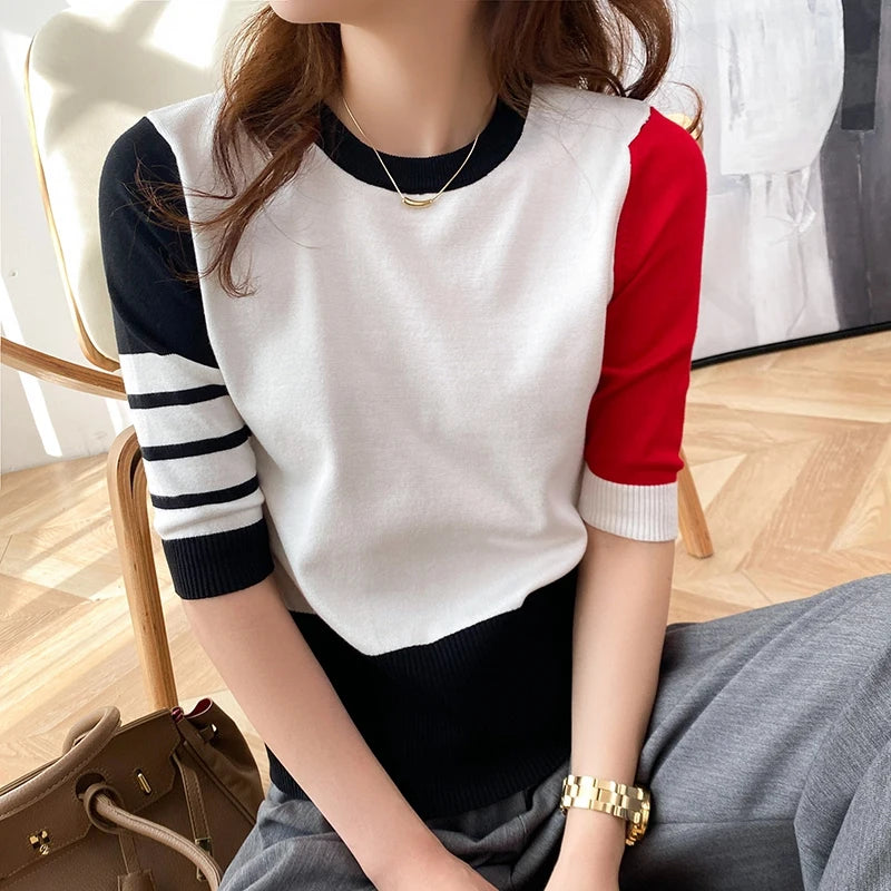 Deep-thinking Summer Trend Short Sleeves Cotton T-Shirt with Four Grids