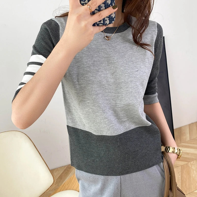Deep-thinking Summer Trend Short Sleeves Cotton T-Shirt with Four Grids