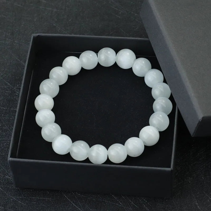 Glimmende Noter Natuurlijke Witte Kat Ogen Stenen Armband