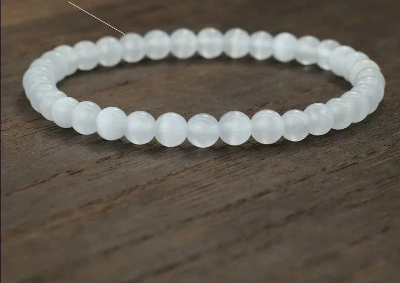 Glimmende Noter Natuurlijke Witte Kat Ogen Stenen Armband