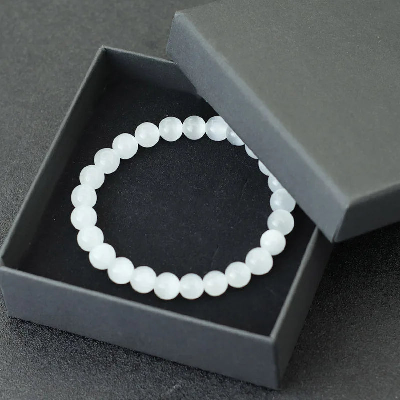 Glimmende Noter Natuurlijke Witte Kat Ogen Stenen Armband