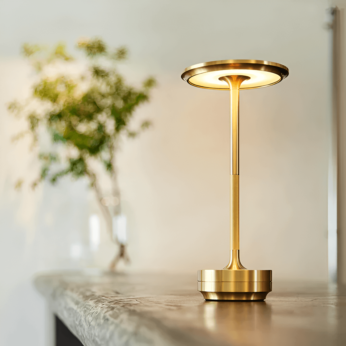 Oasa Mood Light in gouden afwerking, draadloos en oplaadbaar, geplaatst op een houten tafel met een plant op de achtergrond.