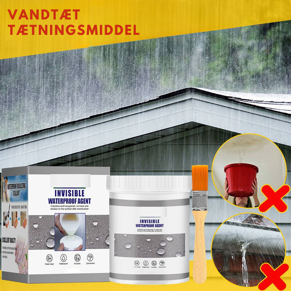 Transparante waterdichte gel wordt aangebracht met een borstel. De foto toont de bescherming tegen water op een dak in de regen, met een voorbeeld van de juiste toepassing en een foutieve manier van gebruik.