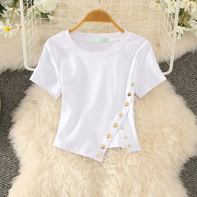 Nieuwe Irreguliere Zijdelingse Split Korte Mouw T-Shirt voor Vrouwen