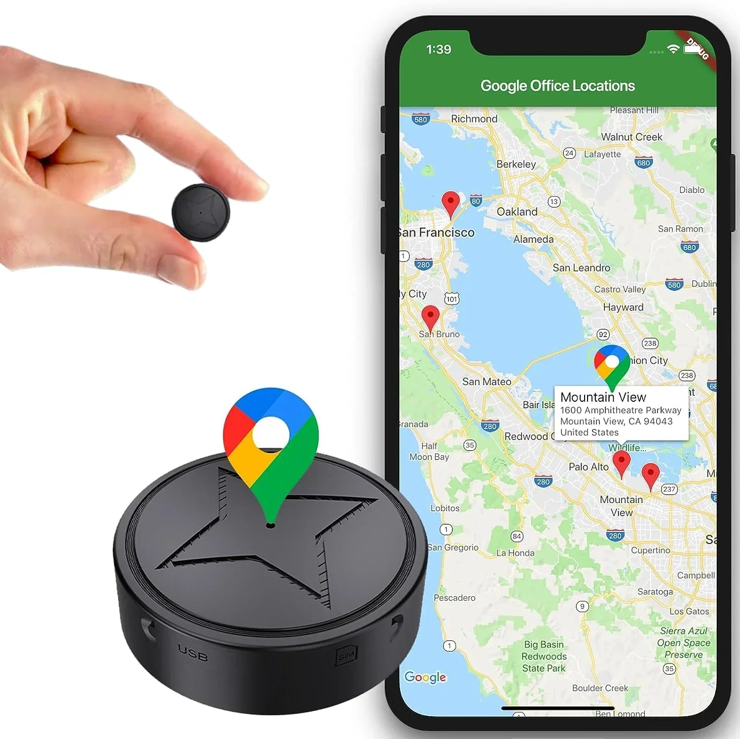 Orbitron GPS Tracker met krachtige magnetische bevestiging. De afbeelding toont het apparaat in één hand, terwijl het smartphone-scherm een kaart met Google Maps-locaties weergeeft. De tracker is op een oppervlak geplaatst, en de kaart toont verschillende locaties, wat de functionaliteit van de GPS-tracker benadrukt. Het product heeft een stervormig ontwerp en is via USB verbonden.